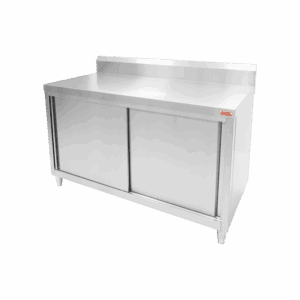 Stainless Steel Worktable with Base Cabinet, Sliding Doors + Backsplash