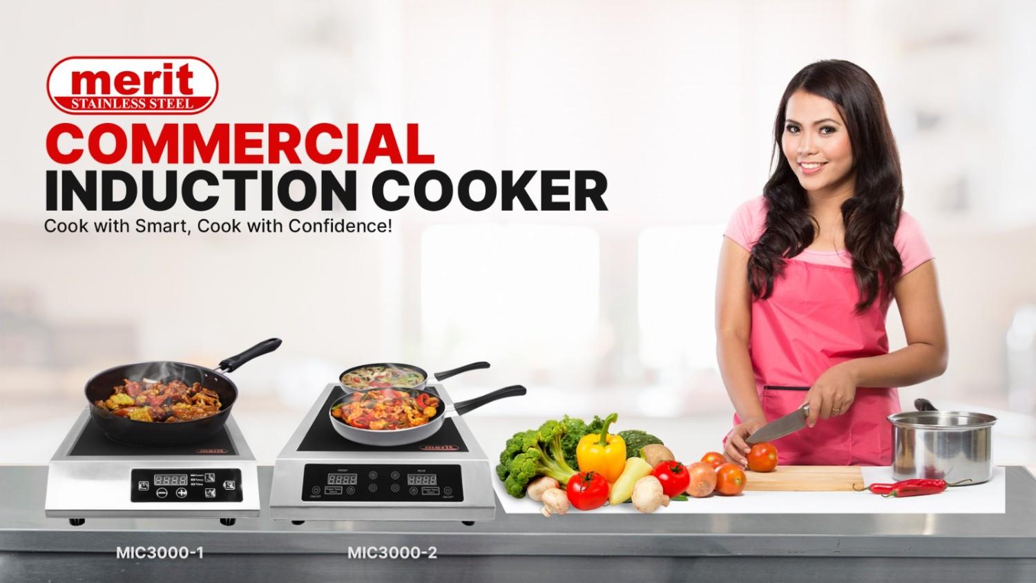 Smiling woman cooking with fresh vegetables beside two Merit Stainless Steel commercial induction cookers in a modern kitchen – ideal for fast and efficient professional cooking.