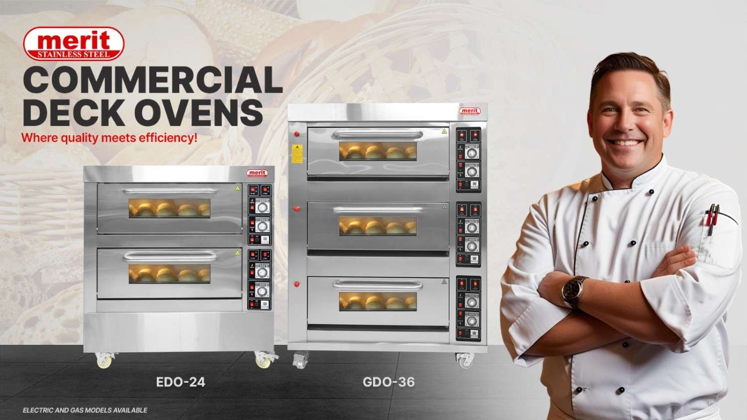 Merit Stainless Steel commercial deck ovens EDO 24 and GDO 36 high efficiency electric and gas baking ovens for restaurants bakeries and commercial kitchens.