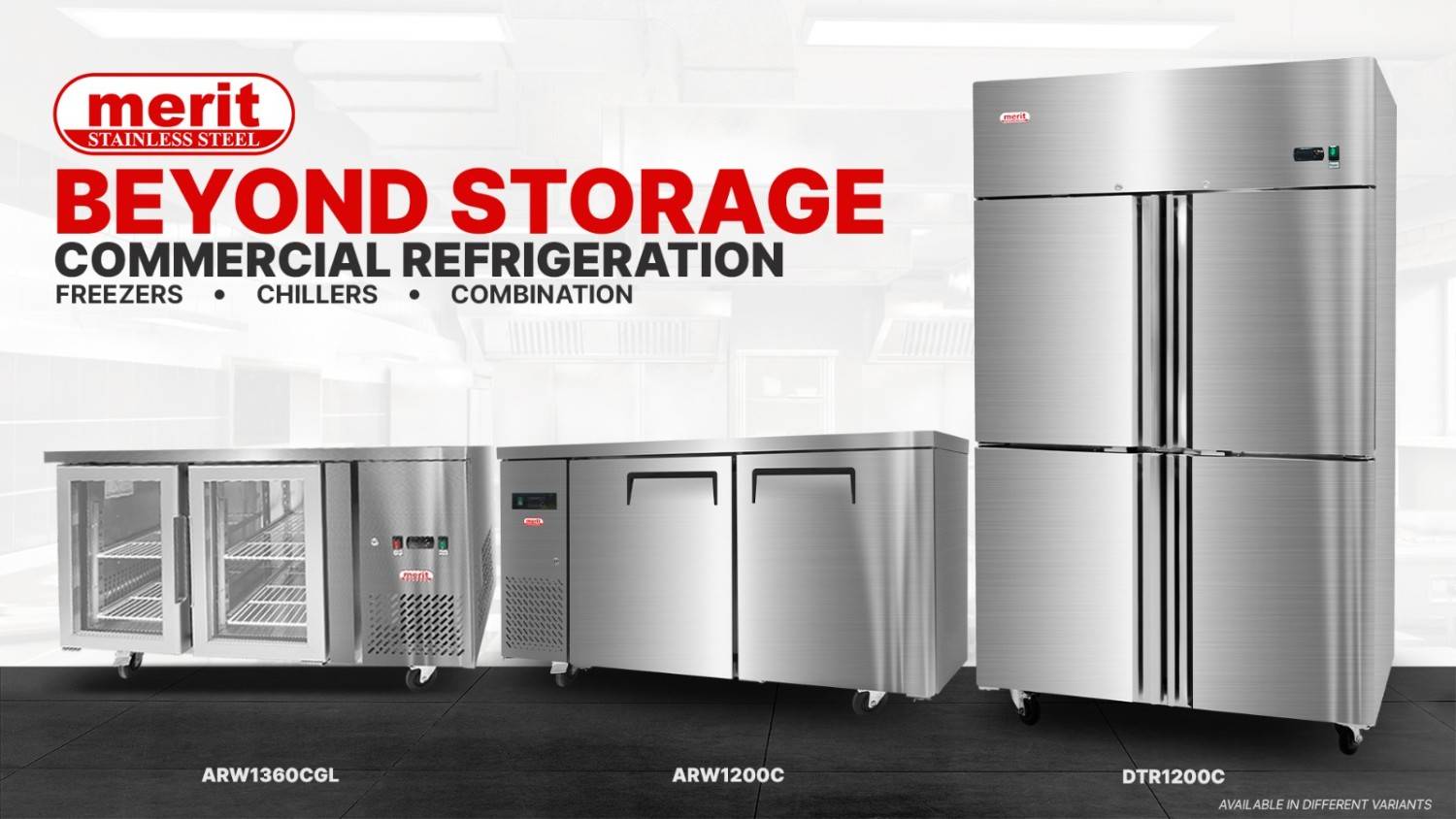 Merit Stainless Steel commercial refrigerators ARW1360CGL ARW1200C and DTR1200C ideal for food service freezers chillers and combination refrigeration units